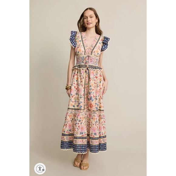 FARM Rio Dresses & Skirts - Farm Rio Superbloom Tapestry Cream Dress Floral V Neck Ruffle Sleeve Sz S
